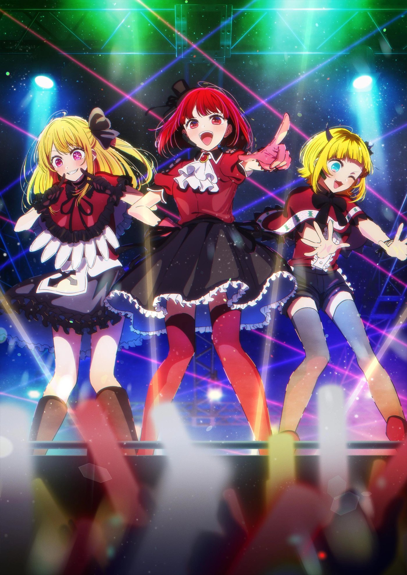 B-Komachi performing on stage in an Oshi no Ko key visual