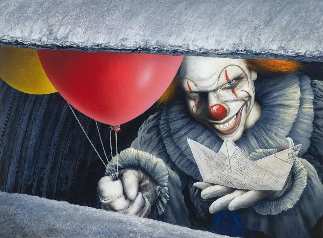 Illustrated Pennywise holding a paper boat and red balloons