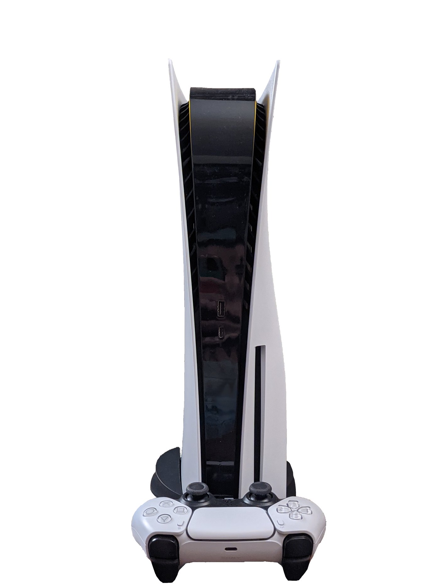 A standard white PlayStation 5 console with a DualSense controller