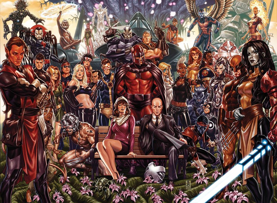 Professor X seated among the X-Men