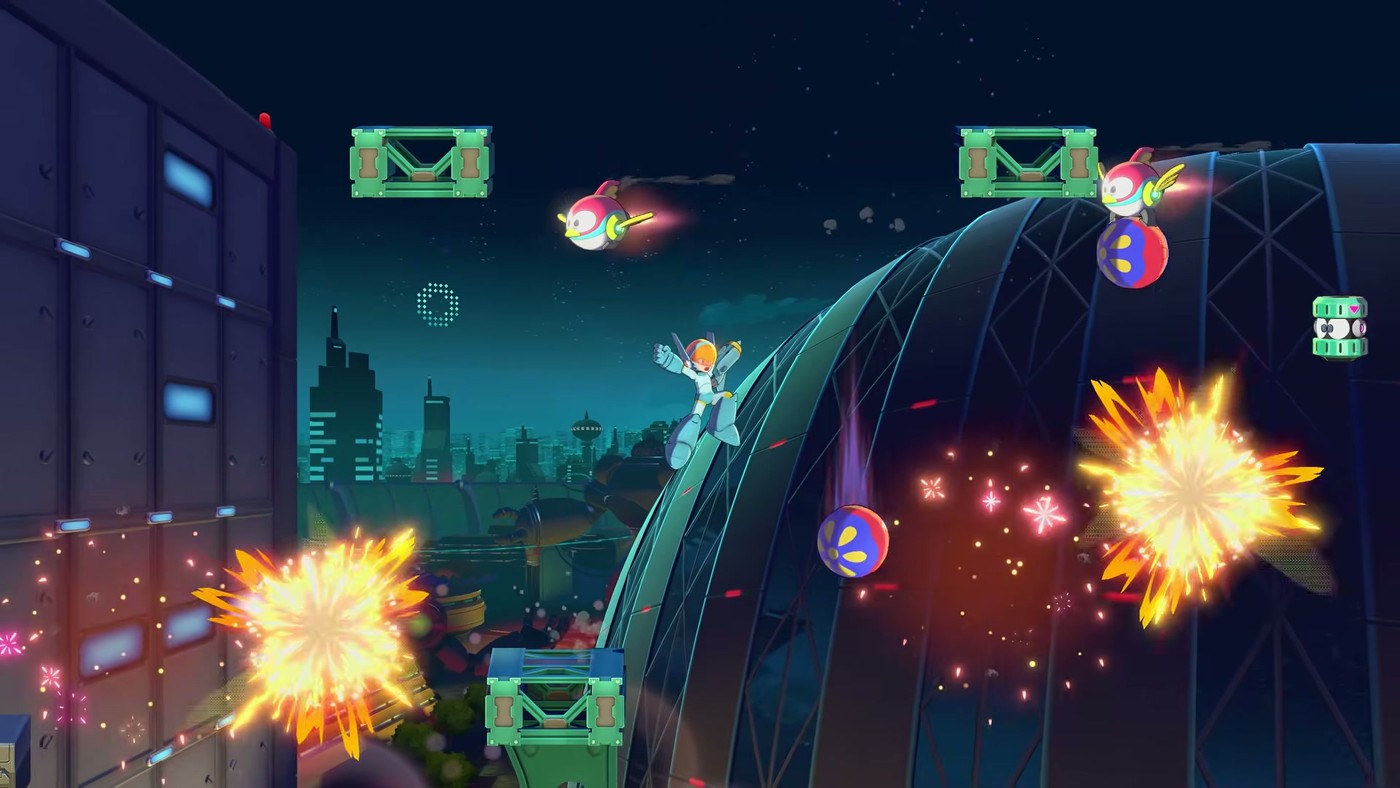 Proto Man dashes through the air fighting flying robots