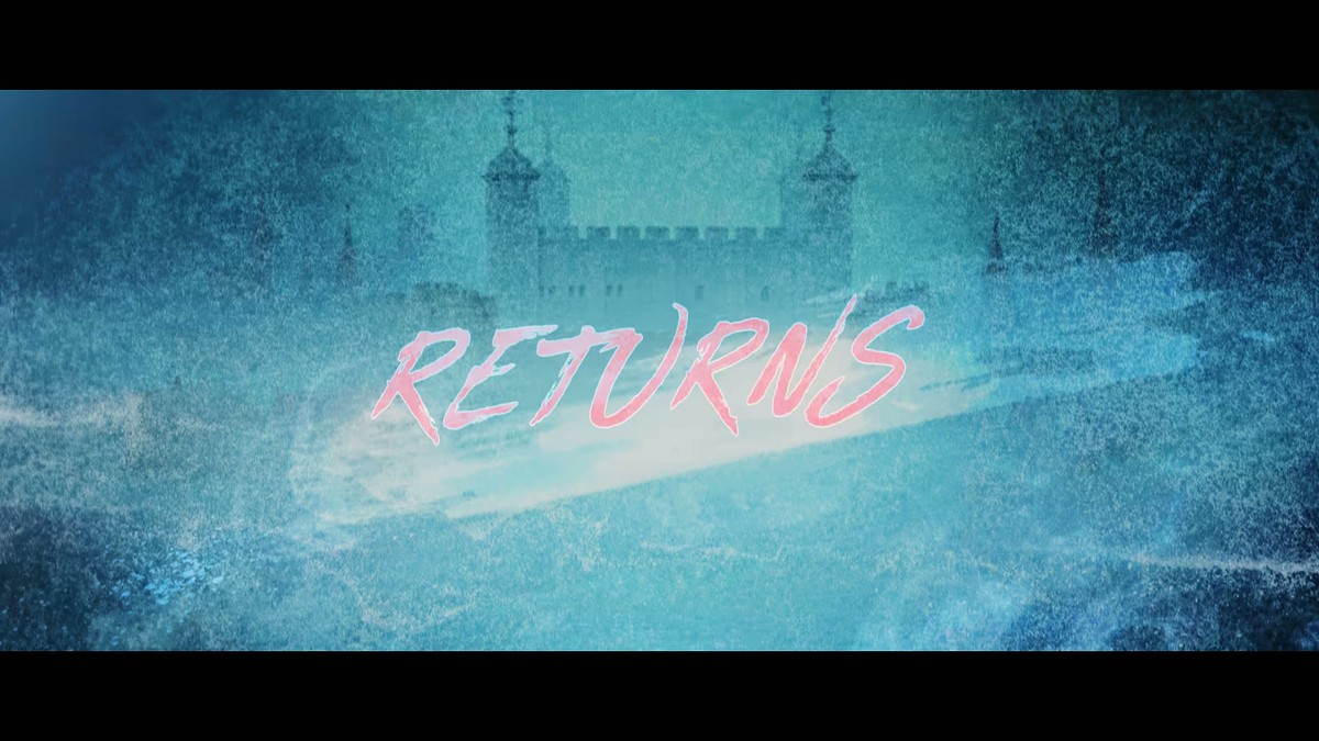 The RETURNS card composited over the Tower of London