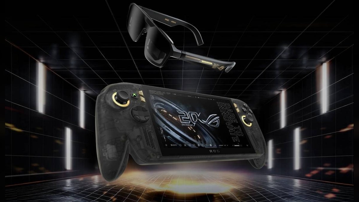 ROG Xbox Ally X20 handheld shown with the ROG XREAL R1 Edition AR glasses