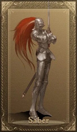 A Saber class card showing an armoured Servant