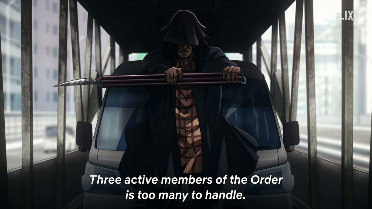 The coated figure at 0:25.2. Frame from the official character trailer. &copy; Netflix / TMS Entertainment.