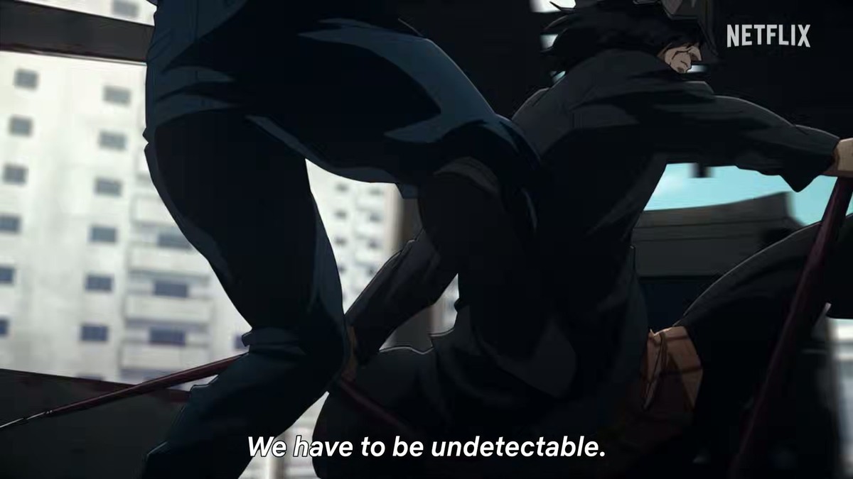 The rooftop beat at 0:27.3. Frame from the official character trailer. &copy; Netflix / TMS Entertainment.