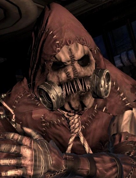 Scarecrow in Batman: Arkham Asylum wearing a stitched burlap sack mask and gas mask