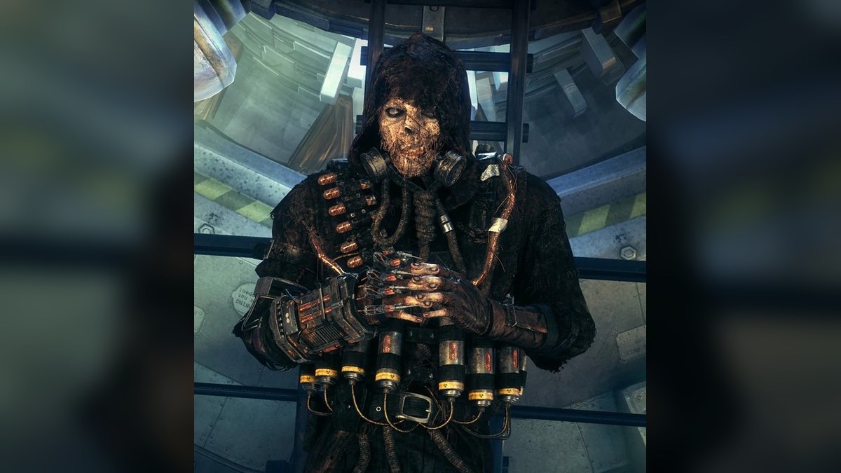 Scarecrow as he appears in Batman: Arkham Knight, with scarred face and grafted gas apparatus