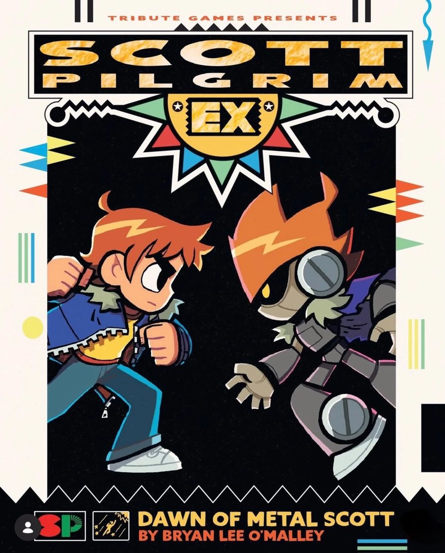 Scott Pilgrim EX: Dawn of Metal Scott cover art by Bryan Lee O'Malley showing Scott Pilgrim facing Metal Scott