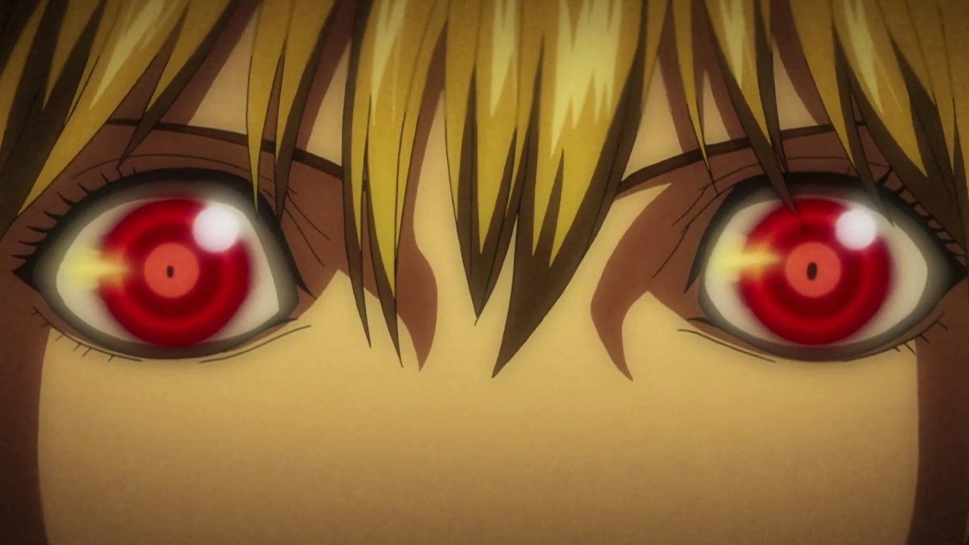 A character's eyes showing the Shinigami Eyes ability active