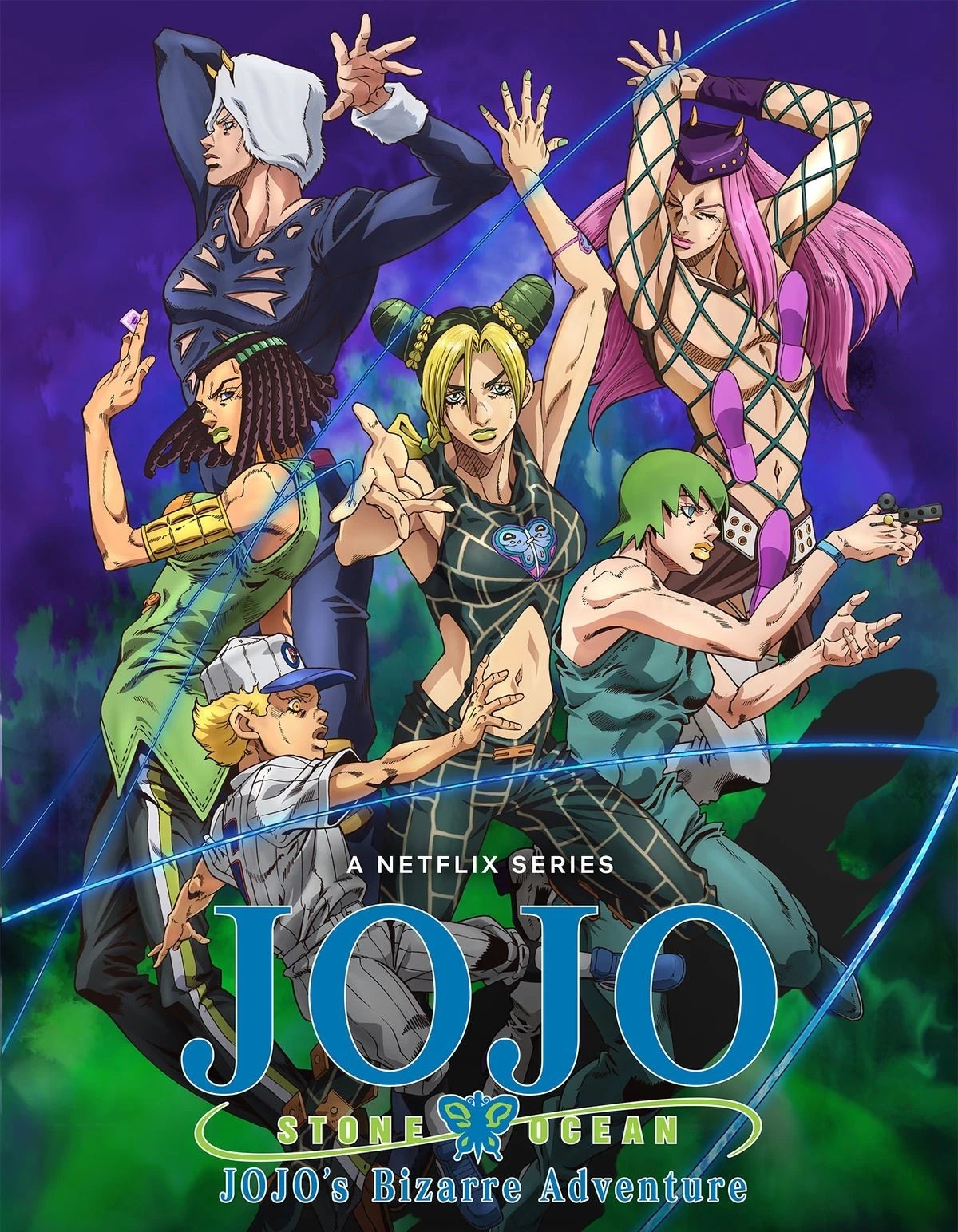 Netflix key art for Stone Ocean featuring Jolyne Cujoh and the Stone Ocean cast
