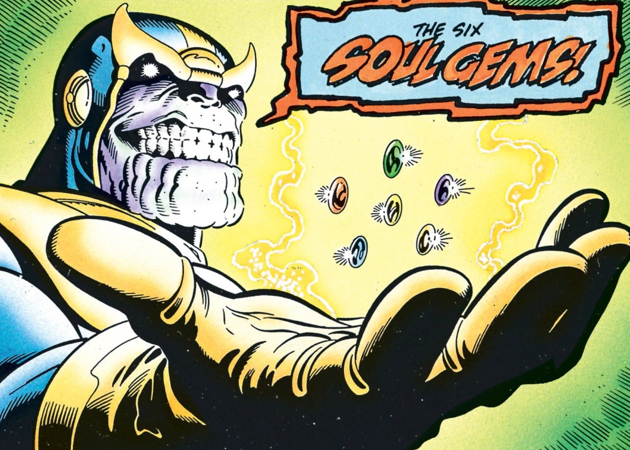 Thanos holding the six Infinity Gems loose in his bare hand before building the Gauntlet