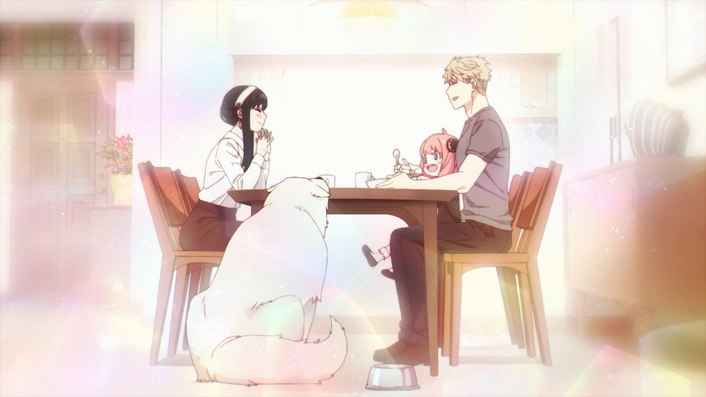 Loid, Yor, Anya, and Bond Forger share a quiet family dinner in the Spy x Family anime