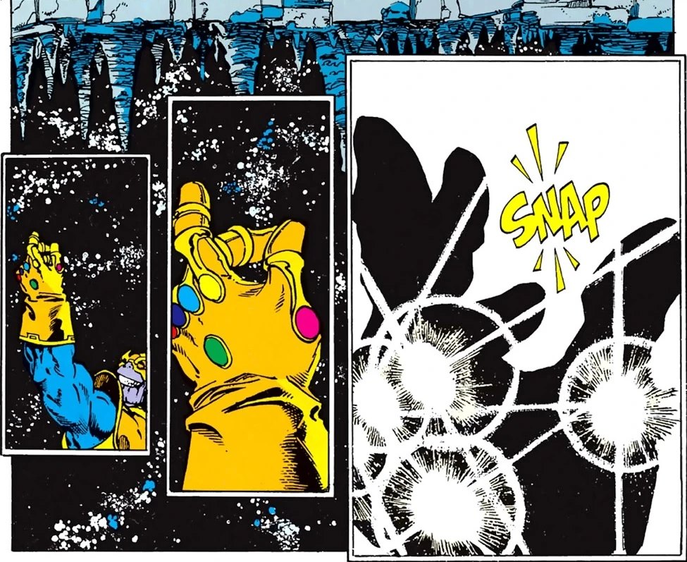 Close-up of the golden Infinity Gauntlet on Thanos's hand as he snaps his fingers