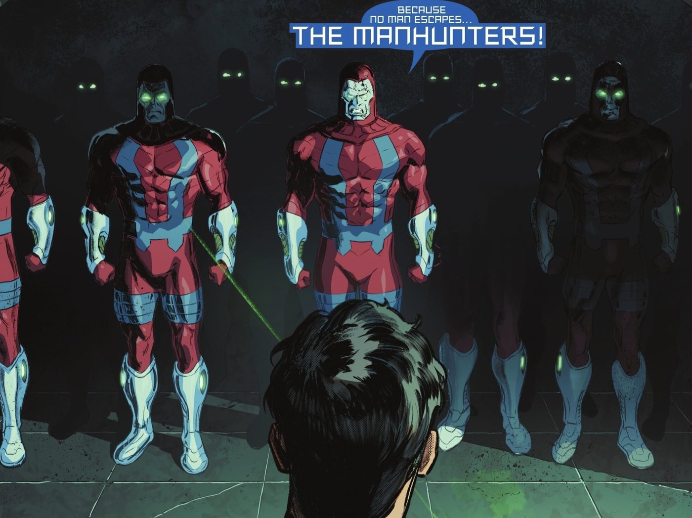 Comic panel showing the robotic Manhunters lined up, DC Comics