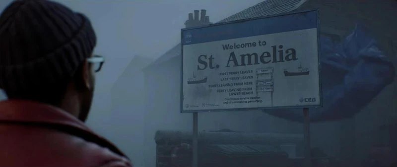 A fog-covered welcome sign reading St. Amelia in Silent Hill: Townfall