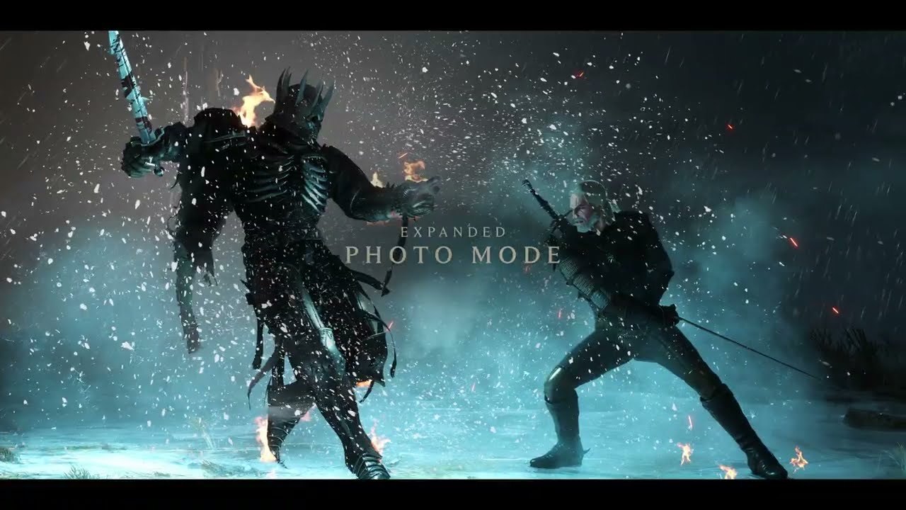 Geralt fighting a Wild Hunt warrior with the expanded photo mode caption
