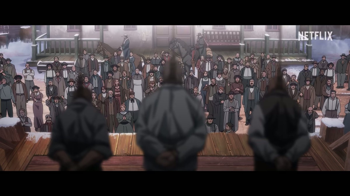 Three bound men kneeling before a crowd in the snow
