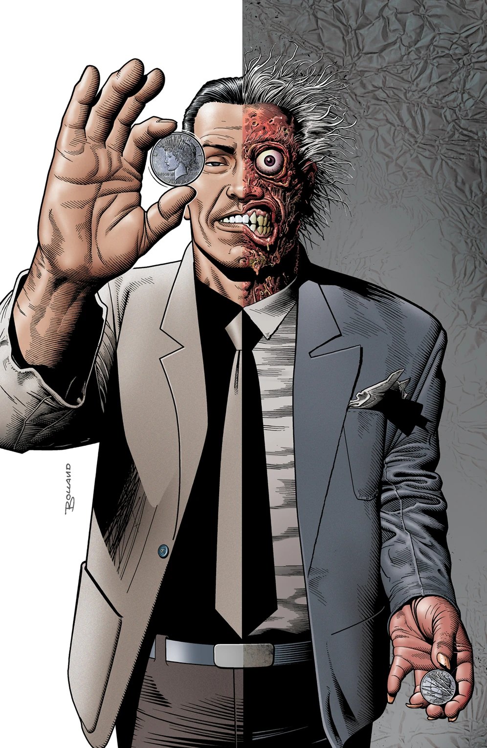 Two-Face holds his scarred coin up to his damaged eye