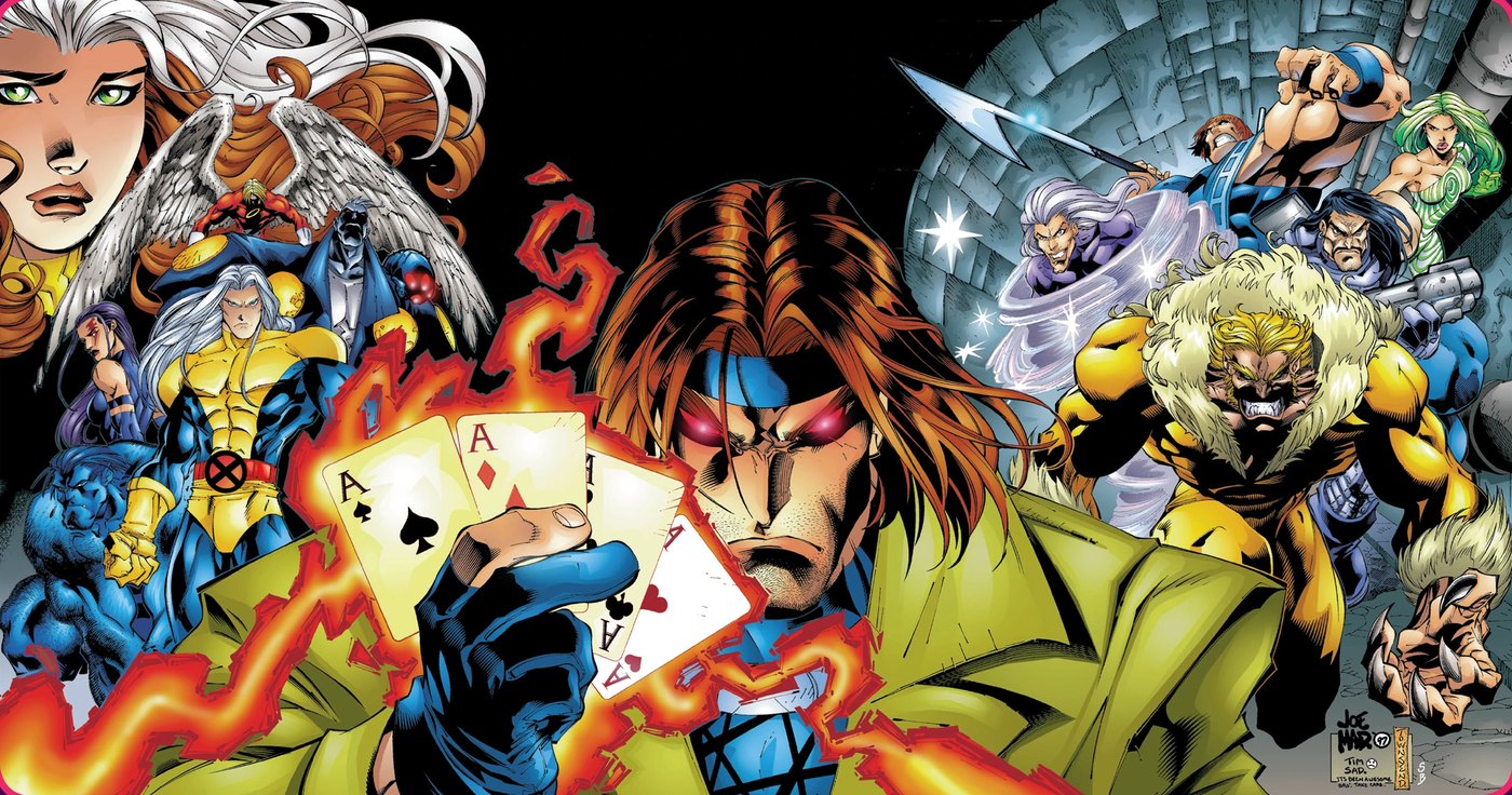 Wraparound cover of Uncanny X-Men issue 350, featuring Gambit holding flaming playing cards surrounded by the X-Men roster