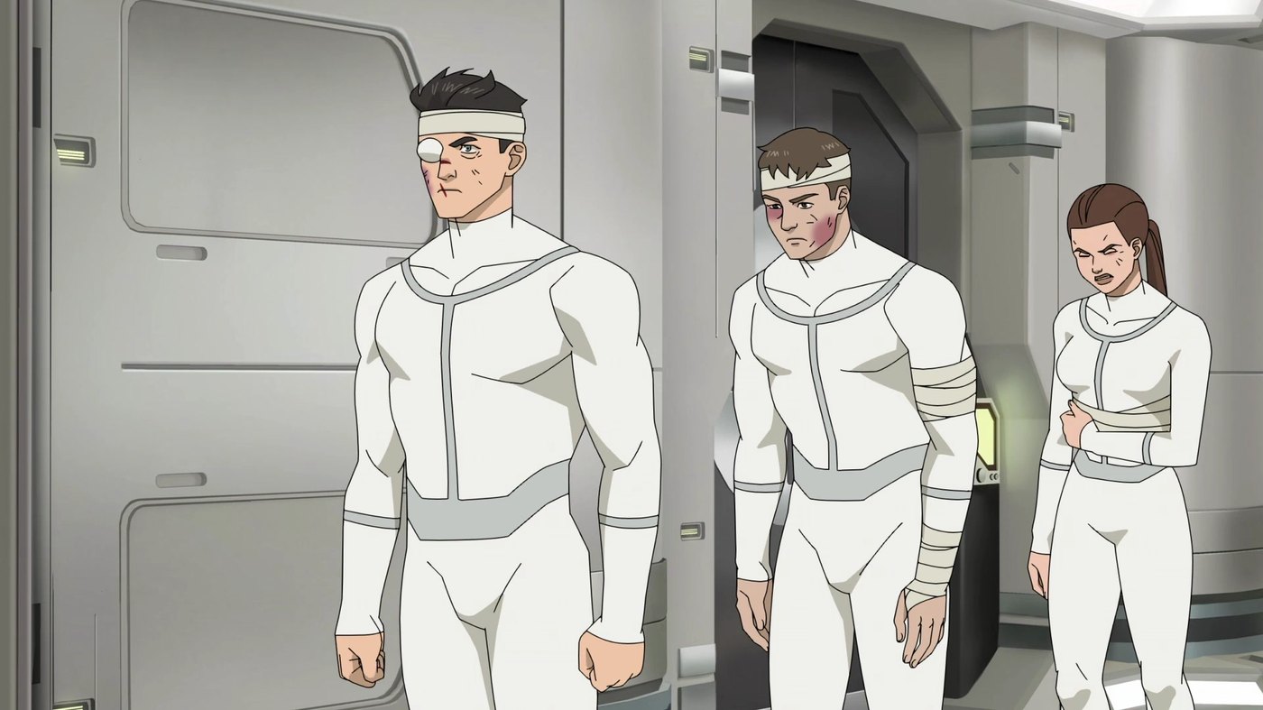 Viltrumite recruits in a military hallway, reflecting the empire's conquest-driven, militaristic culture