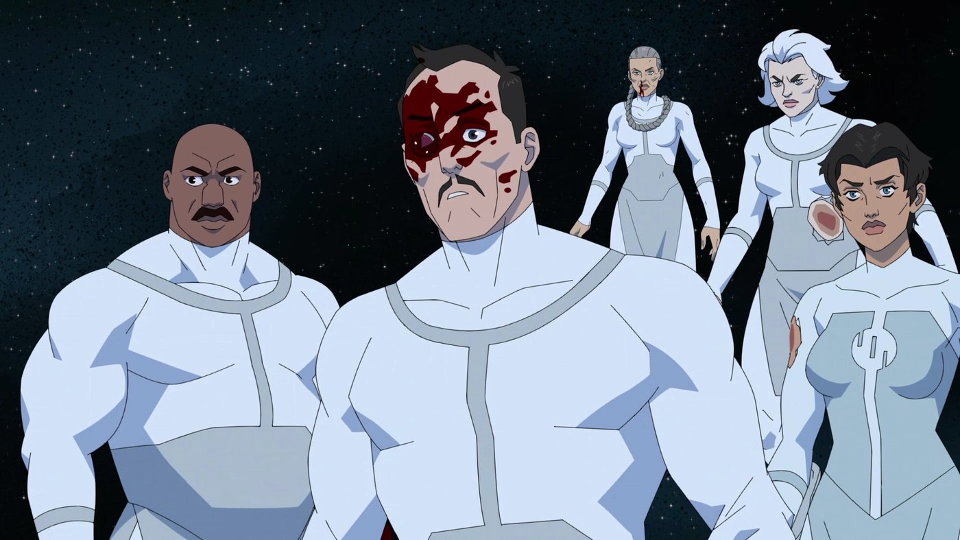 A group of Viltrumite soldiers in white uniforms, including a battle-scarred Viltrumite, from the Thragg era of the Viltrumite Empire