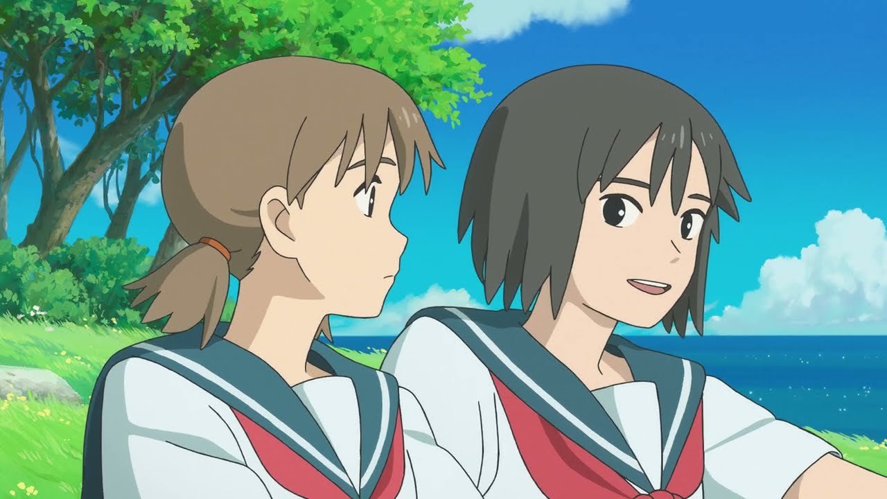 San and Mayu in school uniforms on a sunlit hillside above the sea