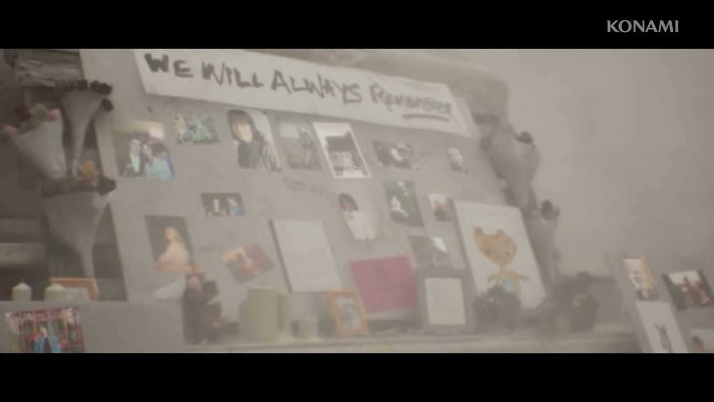 A fog-covered memorial wall reading We Will Always Remember in Silent Hill Townfall
