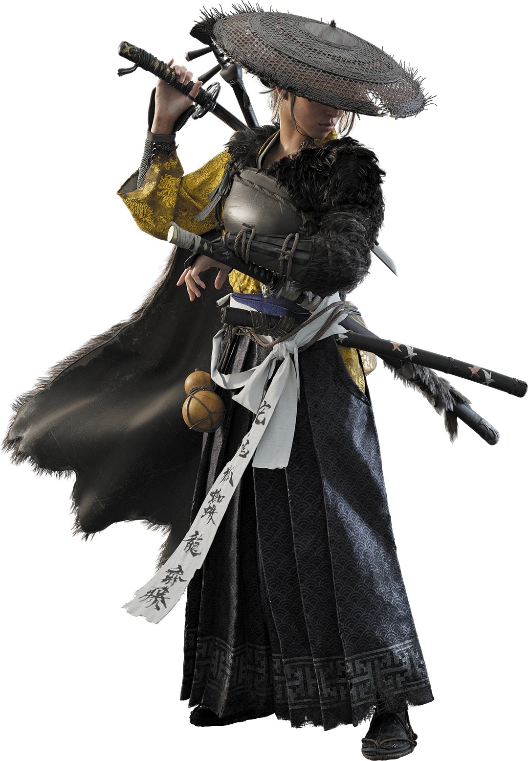 Atsu, the protagonist of Ghost of Yōtei, carrying a katana and kusarigama