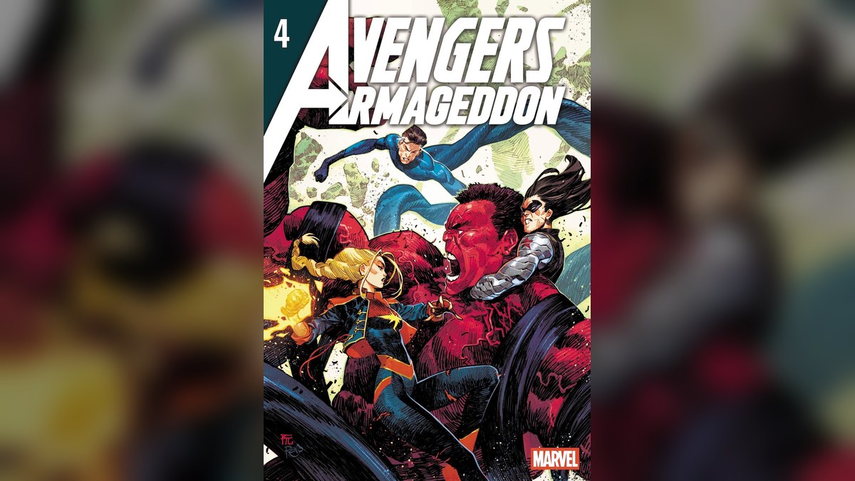 Cover of Avengers: Armageddon #4, showing Captain Marvel, Red Hulk, Wolverine, and Mister Fantastic in battle