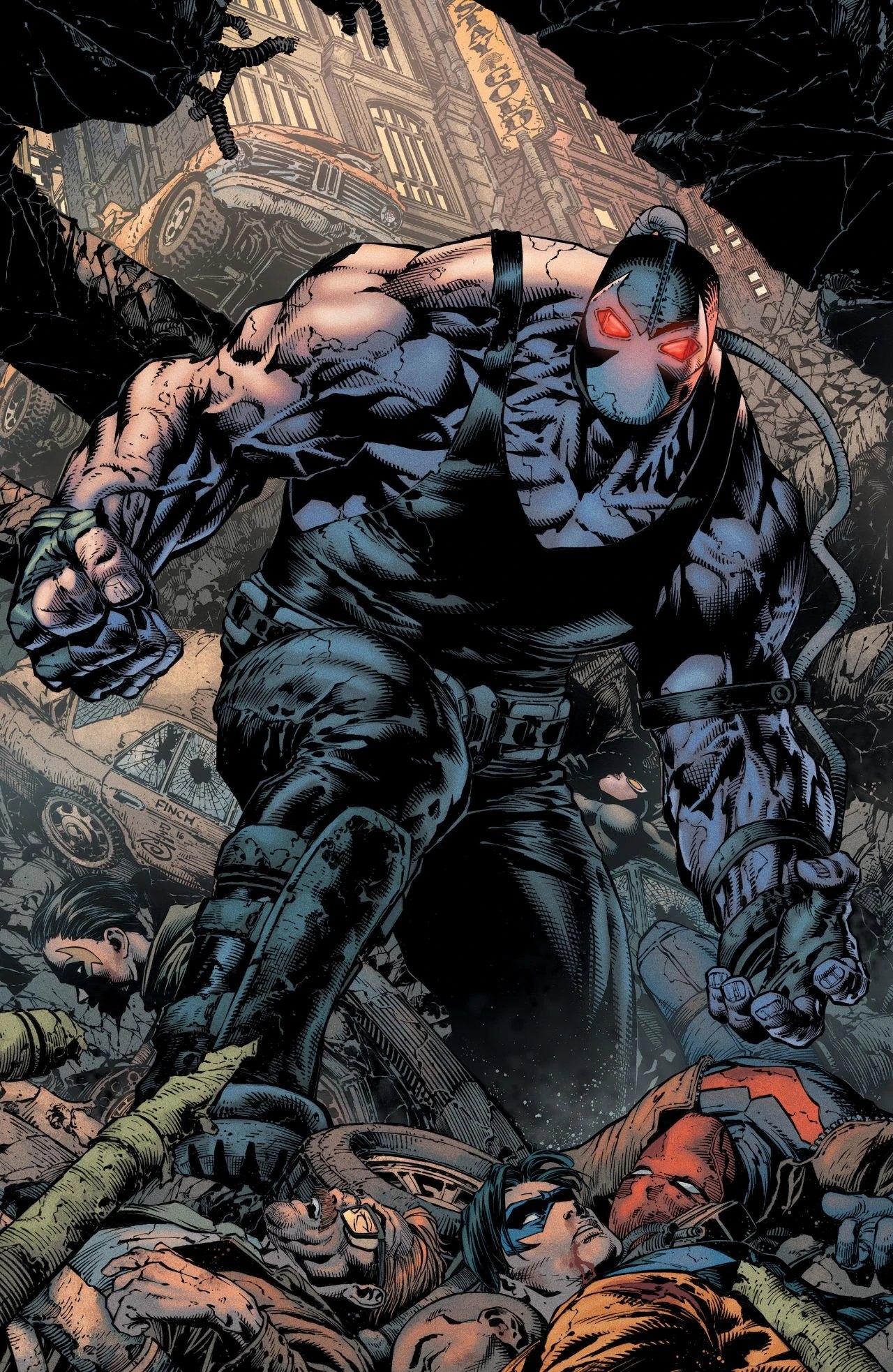 Bane looming over a defeated Batman on a comic cover