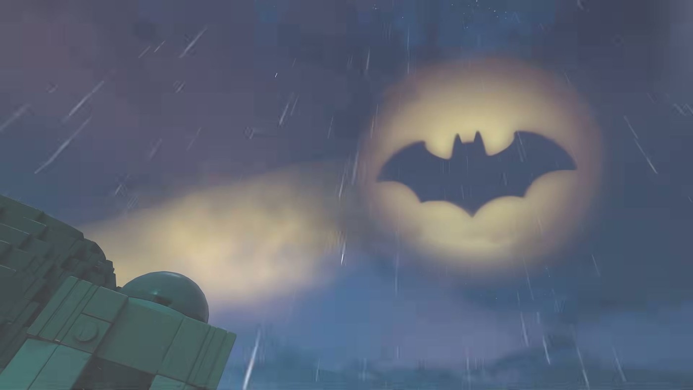 The Bat-Signal over Gotham City in LEGO Batman: Legacy of the Dark Knight