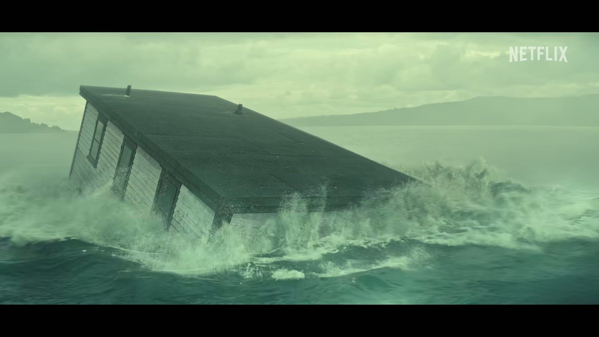 A floating house capsizing in a wave in Netflix's Below trailer