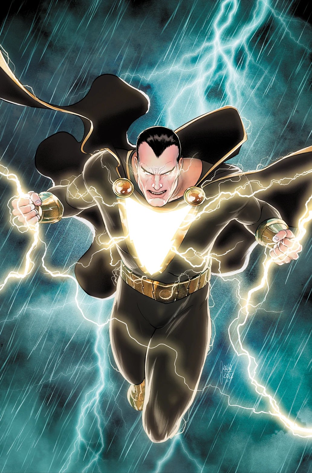 Black Adam surrounded by magic lightning in DC Comics