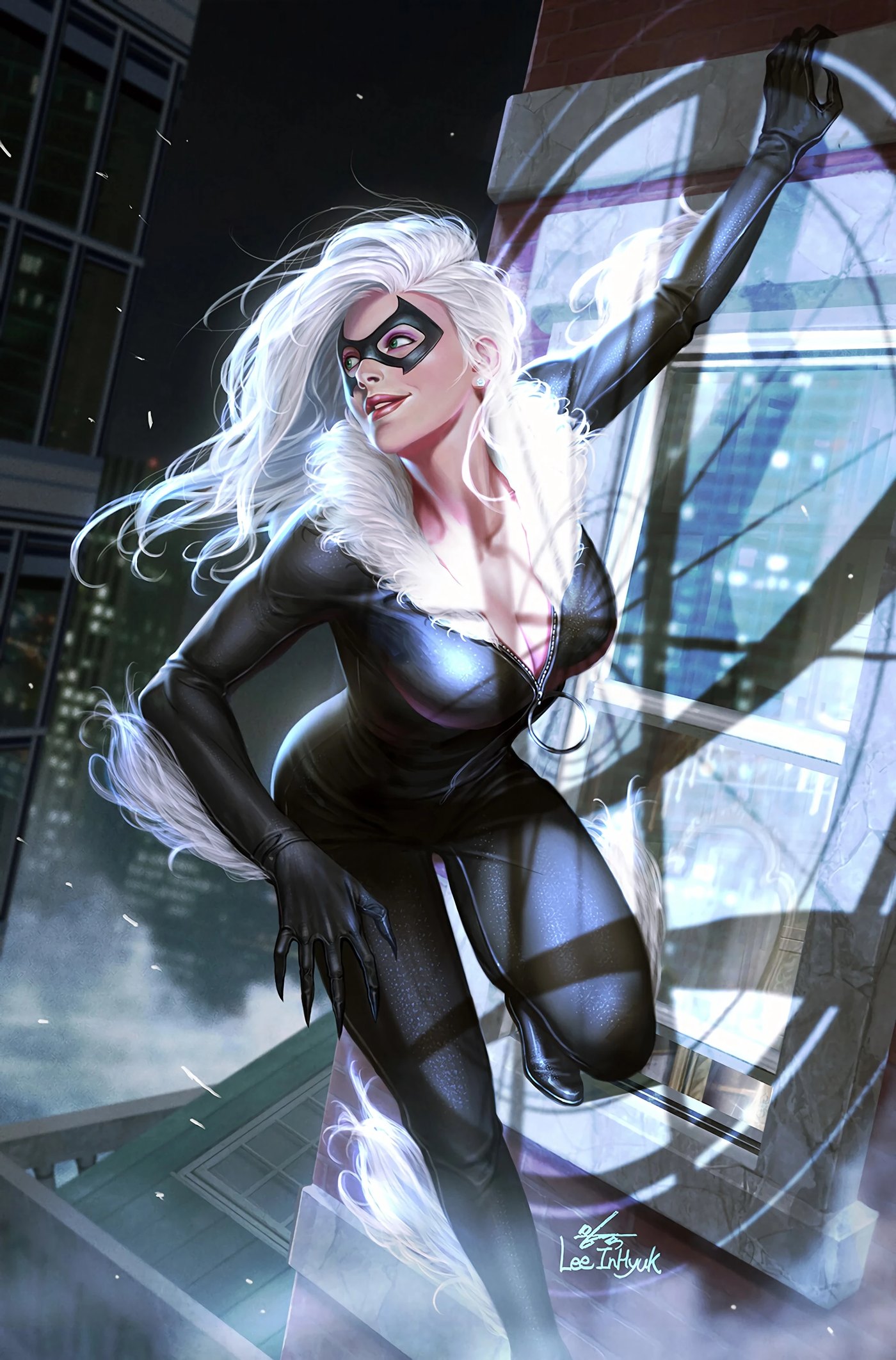 Black Cat in her classic black costume perched on a ledge at night