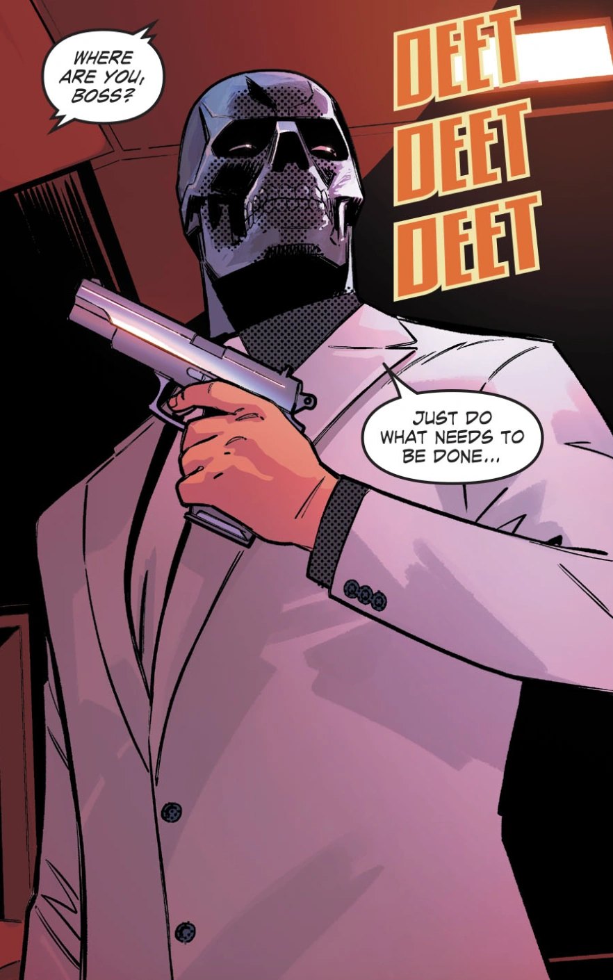 Black Mask aiming a gun on a comic cover
