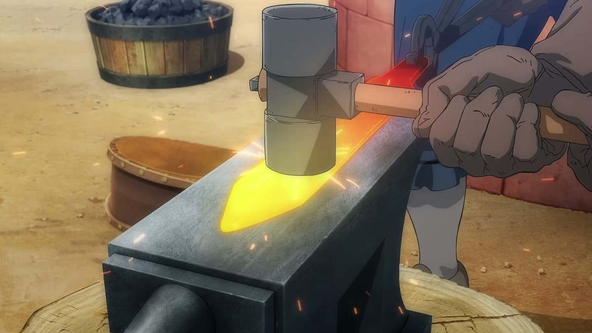 Blacksmith forging a glowing blade in the Overgeared anime trailer