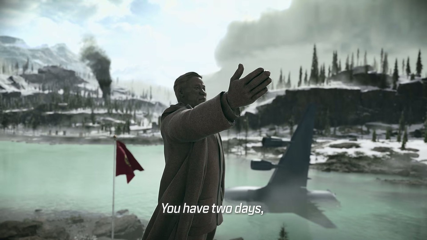 A man in a fur-lined coat delivering an ultimatum in the Call of Duty Modern Warfare 4 campaign trailer