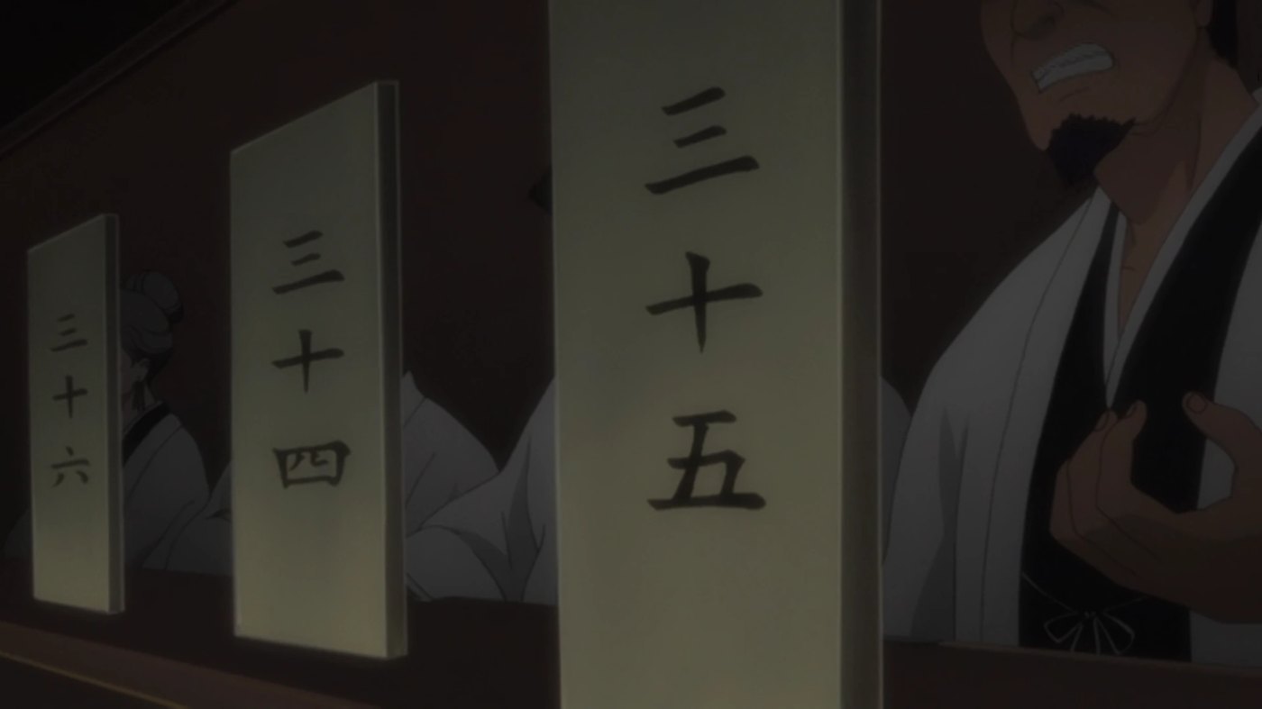 The numbered seats of Central 46, the Soul Society's judicial and legislative body, in Bleach