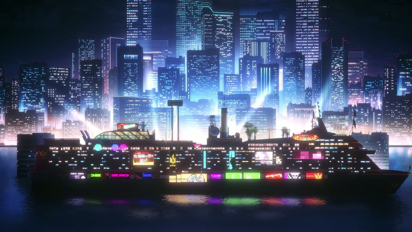 A neon-lit floating district glows on the water in front of a dense futuristic city skyline in the Dark Machine the Animation trailer.