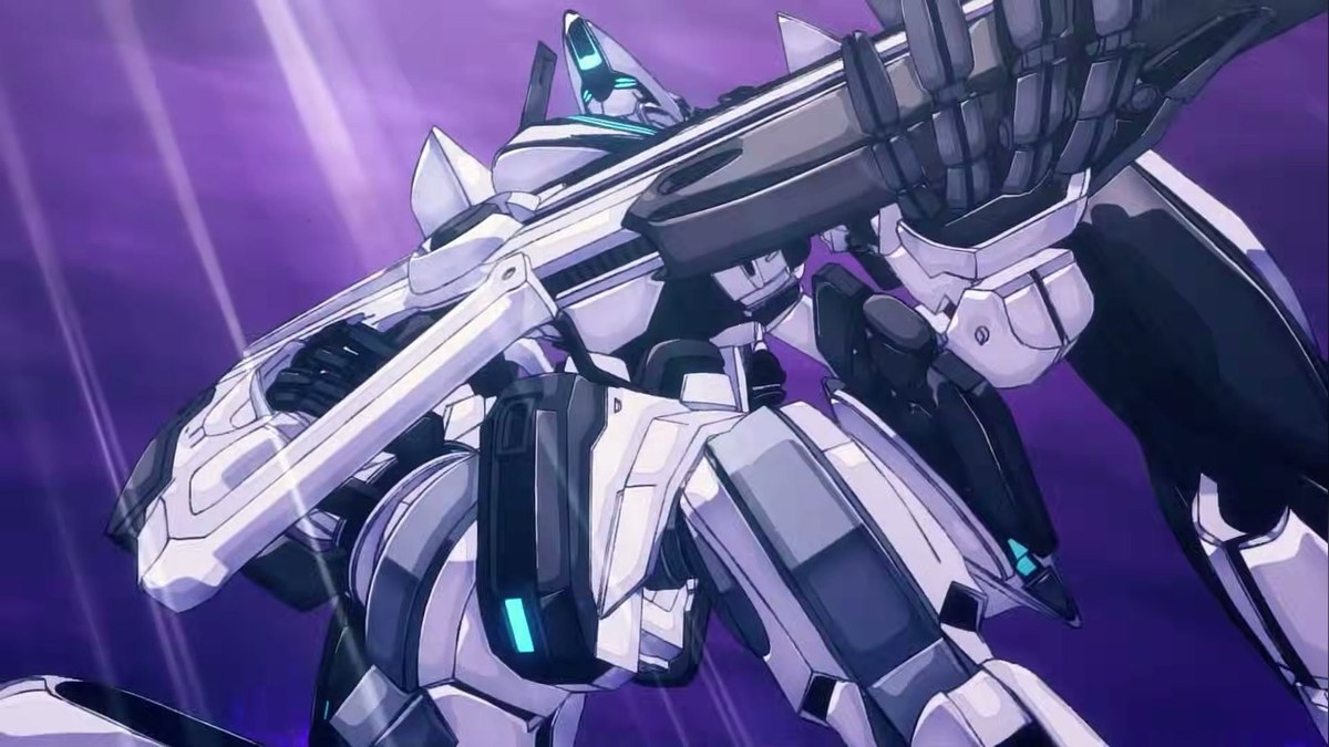 A white and black mecha aims a rifle-like blade weapon against a purple sky in the Dark Machine the Animation trailer.
