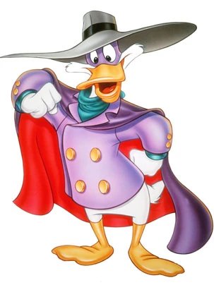 Darkwing Duck posing in his purple cape and fedora