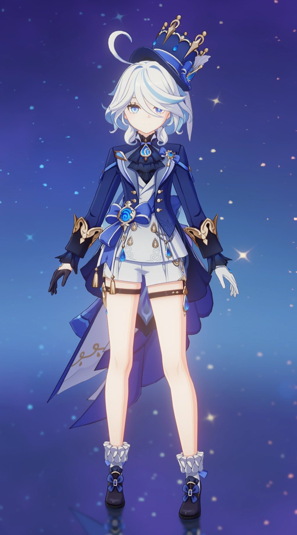 Furina, a 5-star Hydro character in Genshin Impact, in her regal blue outfit