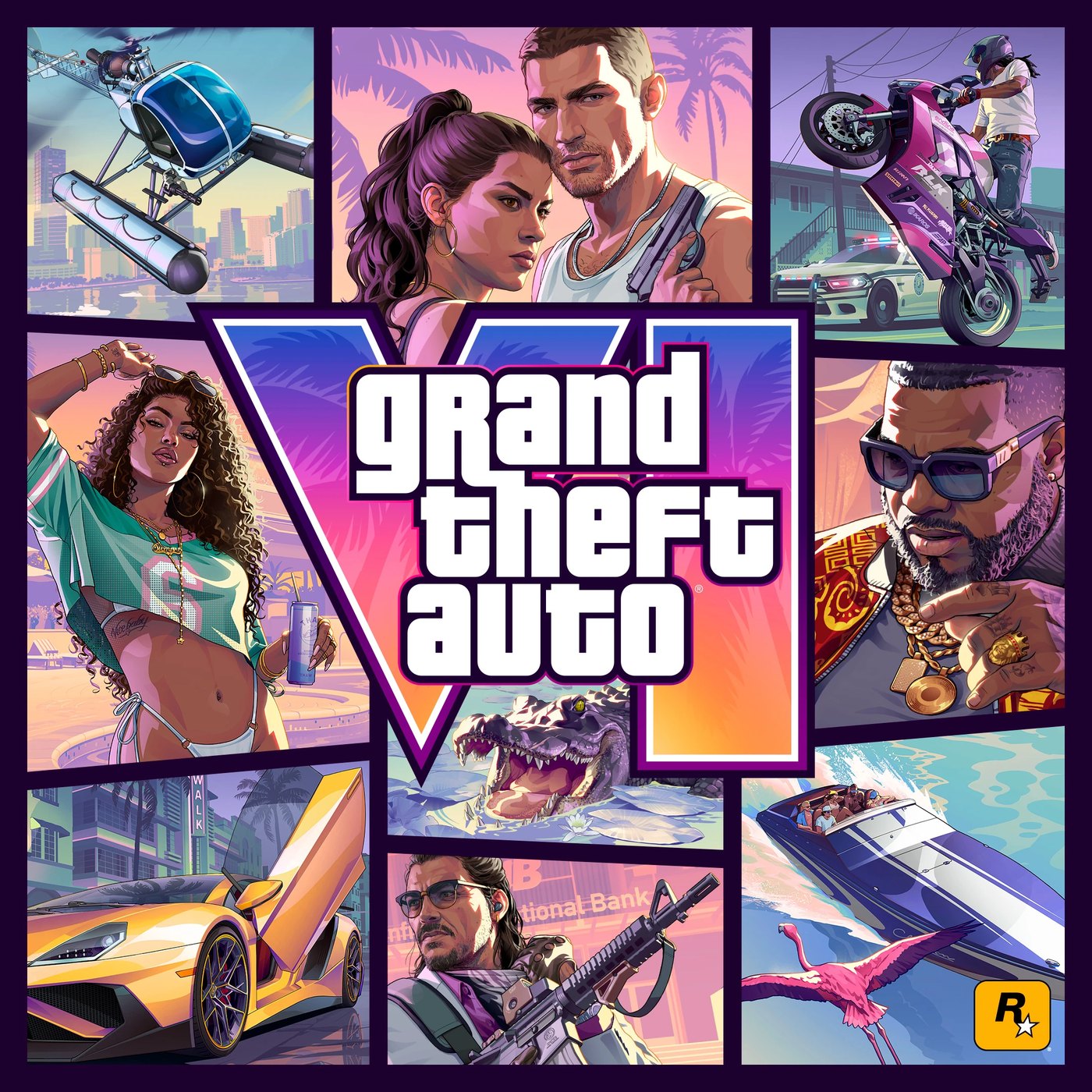 Official Grand Theft Auto VI cover art collage featuring Jason, Lucia and Vice City