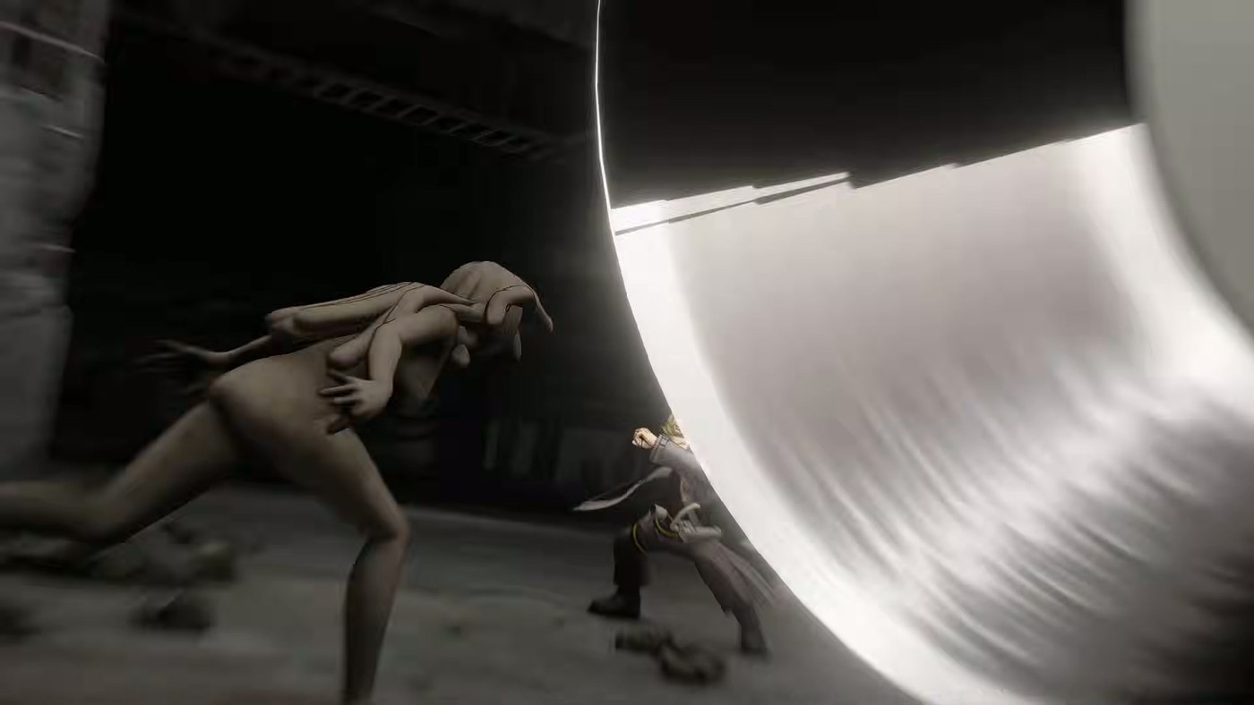 A character dashing past a glowing white blade attack in Gachiakuta: Breakout