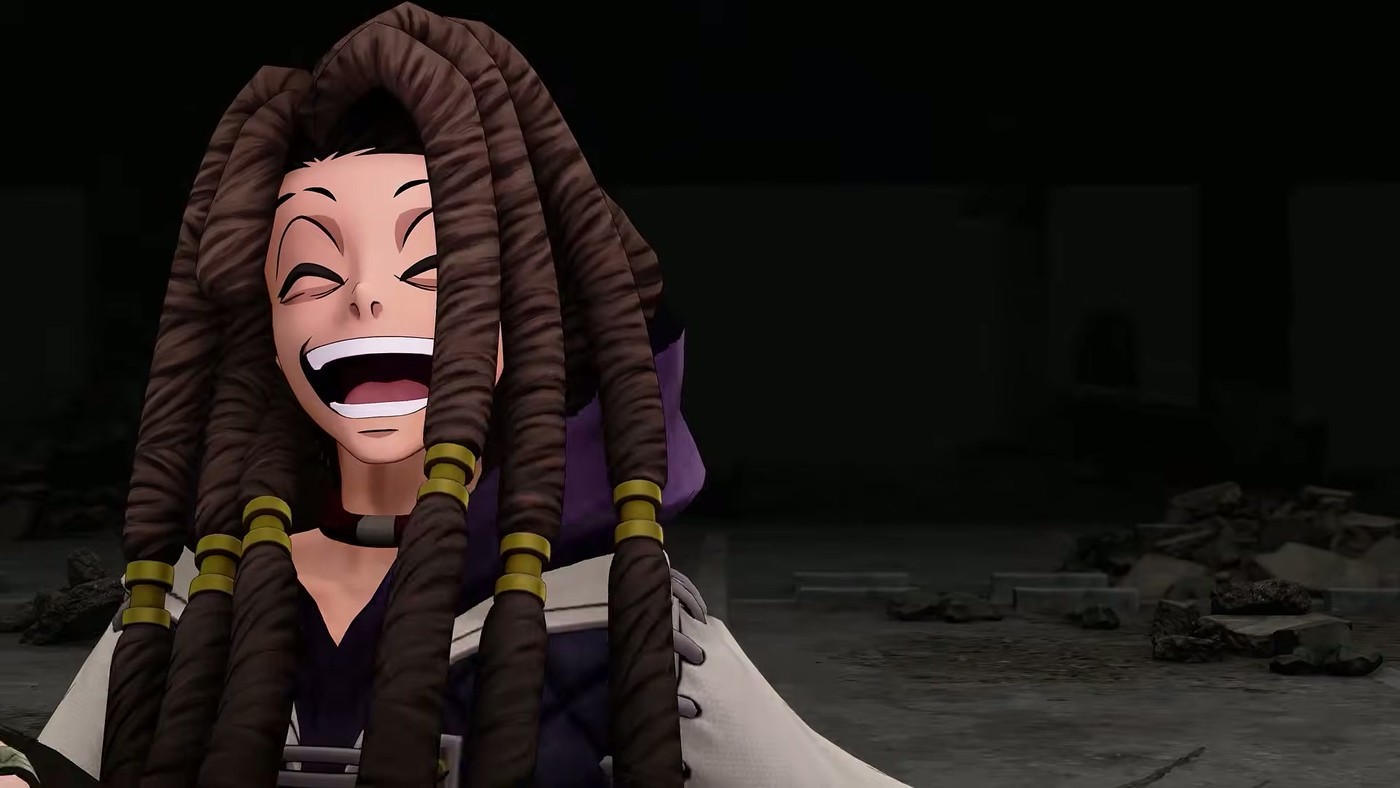 A dreadlocked Gachiakuta character laughing mid-brawl in the gameplay trailer