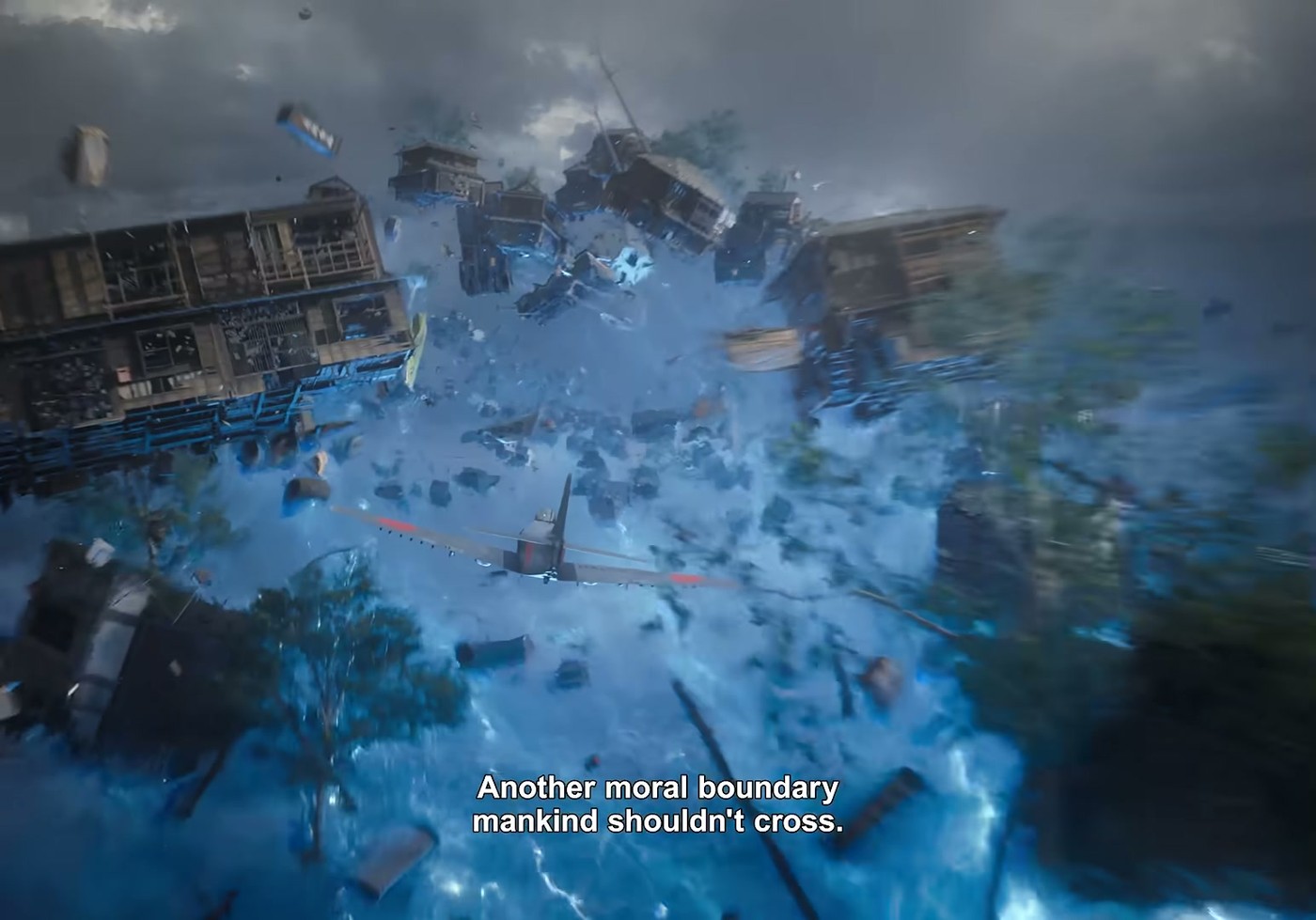 An aerial shot of a city being destroyed by a blue energy blast in the Godzilla Minus Zero trailer