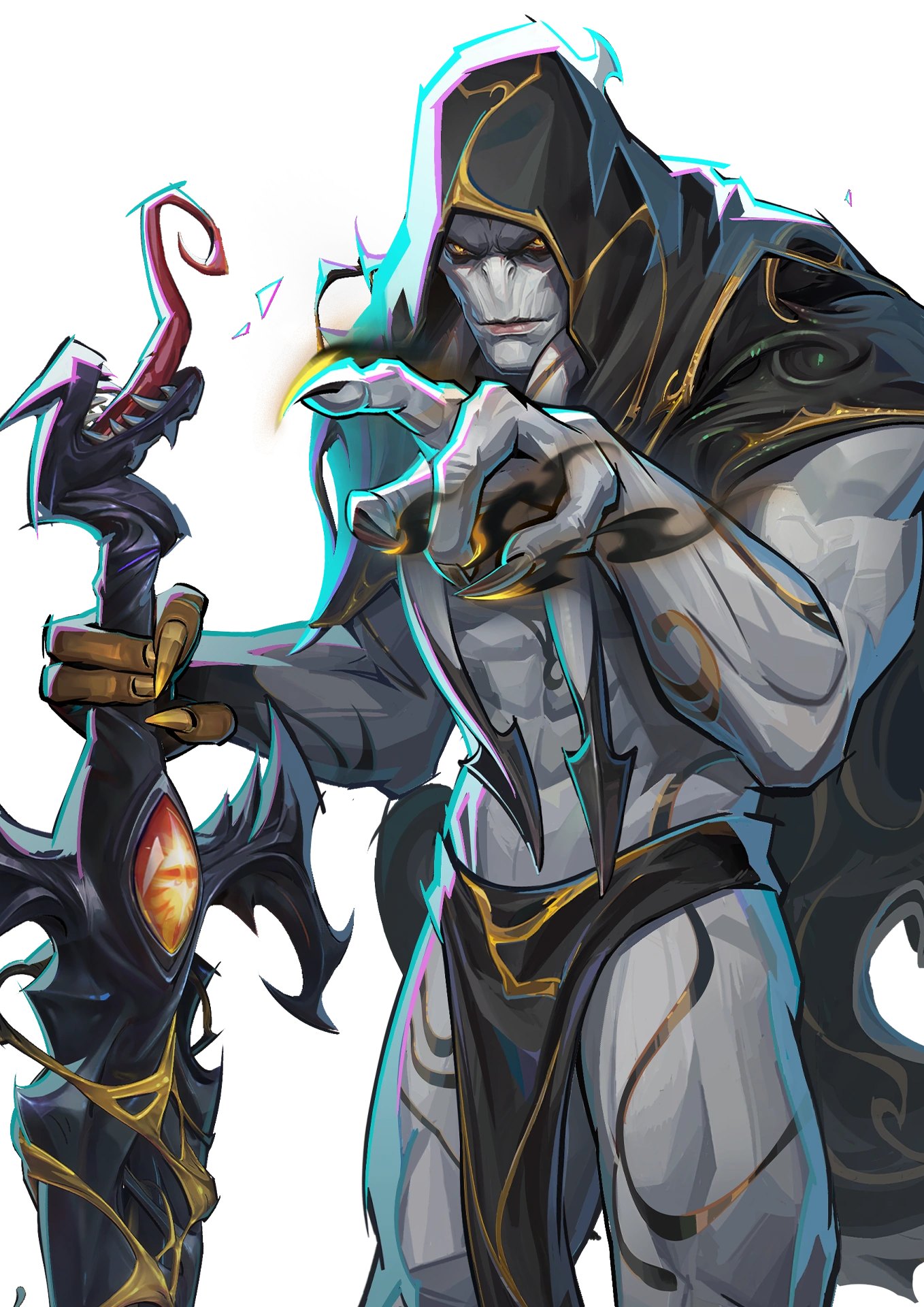 Close-up character art of Gorr the God Butcher's hooded symbiote-armored design