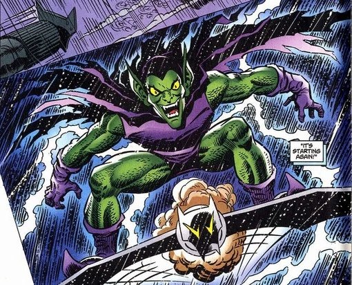 Green Goblin flying on his glider, Marvel Comics art