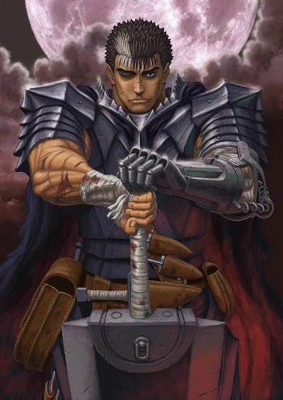 Guts, the Black Swordsman, wielding the Dragon Slayer and cannon arm